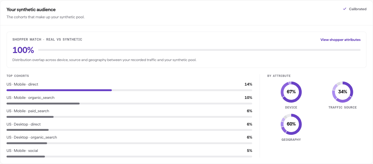 Synthetic Shoppers audience panel showing a 100% shopper-match meter, the top cohorts, and a device, traffic-source, and geography breakdown